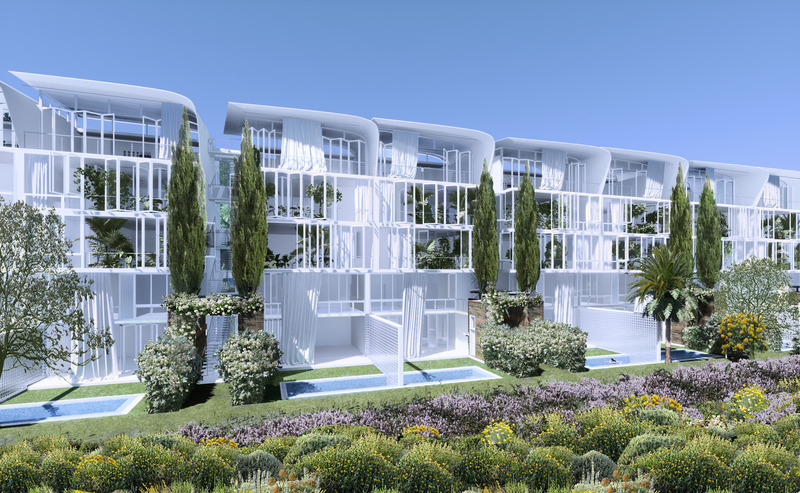 Press kit | 1136-08 - Press release | Domaine de l'Anse Sauvage: Towards an Architecture of Link and Interdependence - Philippe Barriere Collective - Residential Architecture - Building A - Typical Bloc -NNE façade - (Direct view on the bay) - Photo credit: Philippe Barriere Collective (Mamary Coulibaly, Farouk Dine, Mohamed Yahmadi, Philippe Barriere)