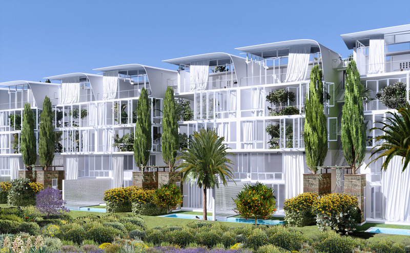 Press kit | 1136-08 - Press release | Domaine de l'Anse Sauvage: Towards an Architecture of Link and Interdependence - Philippe Barriere Collective - Residential Architecture - Building A - Typical Bloc -NNE façade - (Direct view on the bay) - Photo credit: Philippe Barriere Collective (Mamary Coulibaly, Farouk Dine, Mohamed Yahmadi, Philippe Barriere)