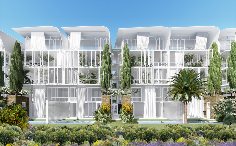 Press kit | 1136-08 - Press release | Domaine de l'Anse Sauvage: Towards an Architecture of Link and Interdependence - Philippe Barriere Collective - Residential Architecture - Building A - Typical Bloc -NNE façade - (Direct view on the bay) - Photo credit: Philippe Barriere Collective (Mamary Coulibaly, Farouk Dine, Mohamed Yahmadi, Philippe Barriere)