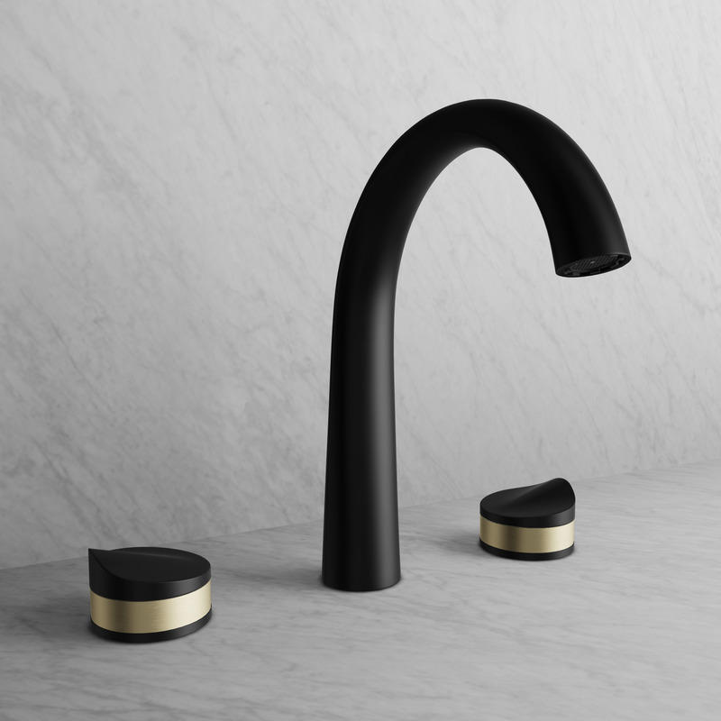 Dossier de presse | 5616-01 - Communiqué de presse | Une nouvelle collection au design unique pour Baril - BARIL - Produit - FLORA - Robinet de lavabo, noir mat &amp; laiton satiné - Crédit photo : BARIL