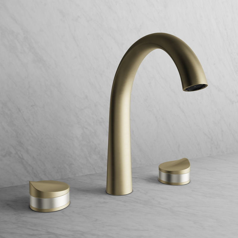 Dossier de presse | 5616-01 - Communiqué de presse | Une nouvelle collection au design unique pour Baril - BARIL - Produit - FLORA - Robinet de lavabo, laiton satiné &amp; nickel brossé - Crédit photo : BARIL