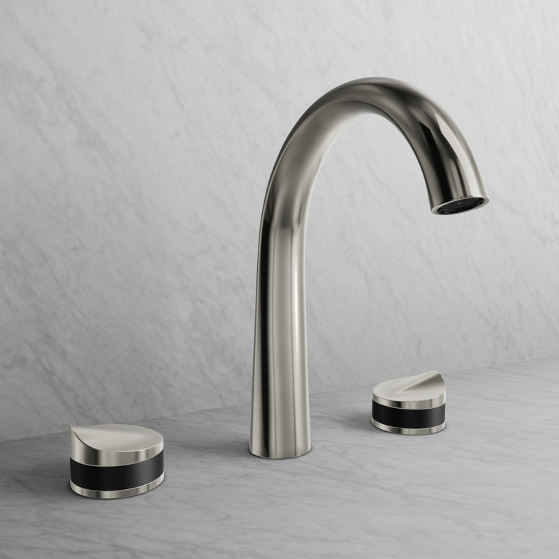 Dossier de presse | 5616-01 - Communiqué de presse | Une nouvelle collection au design unique pour Baril - BARIL - Produit - FLORA - Robinet de lavabo, nickel brossé et noir mat - Crédit photo : BARIL