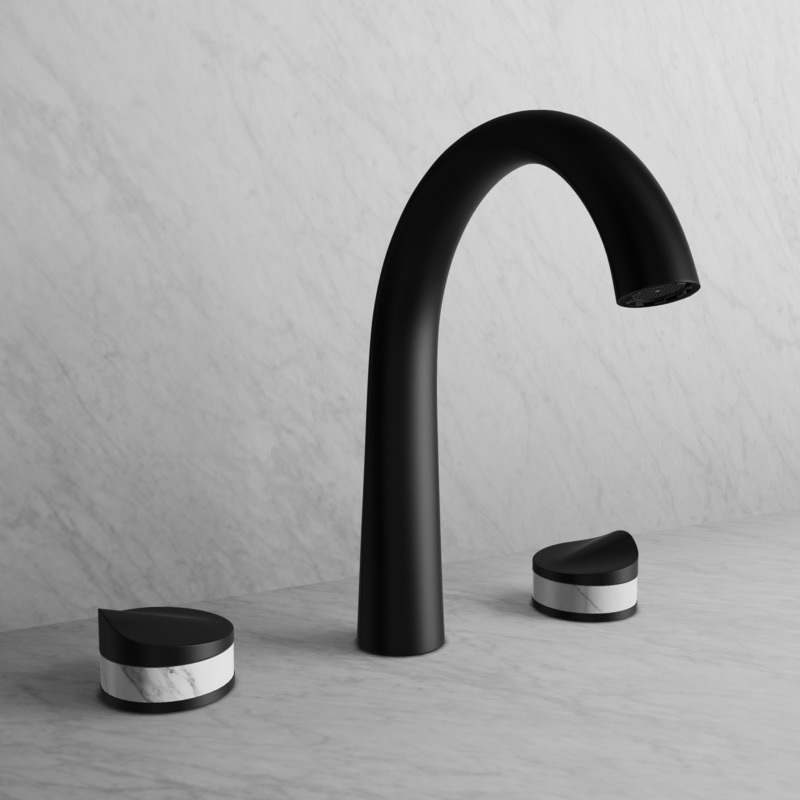 Dossier de presse | 5616-01 - Communiqué de presse | Une nouvelle collection au design unique pour Baril - BARIL - Produit - FLORA - Robinet de lavabo, noir mat &amp; marbre - Crédit photo : BARIL