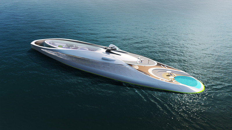 Dossier de presse | 2193-07 - Communiqué de presse | 3deluxe launches the first zero-emission super-yacht at the Monaco Yacht Show! - 3deluxe - Design industriel - At the open stern there is a saltwater pool and a small marina with direct access to the sea. - Crédit photo : 3deluxe