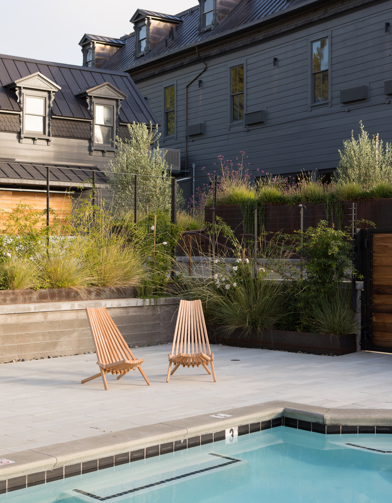 Press kit | 2757-25 - Press release | Medium Plenty's Holistic Designs Are Defined by Material Honesty - Medium Plenty - Residential Architecture -   Thatcher Hotel: The pool area includes an updated exterior with landscaping by Terremoto.   - Photo credit: Melissa Kaseman Photography