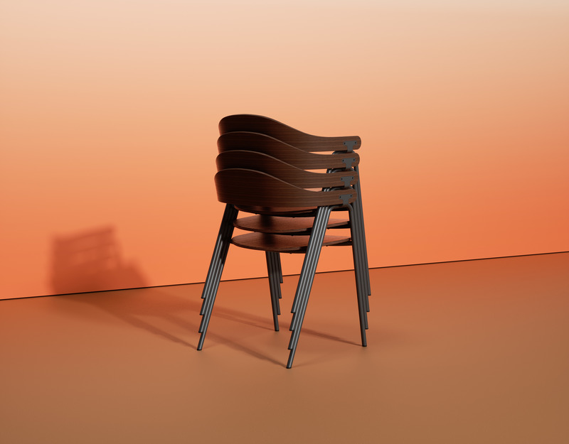 Dossier de presse | 5790-01 - Communiqué de presse | Otto Collection - Hayche - Produit - Otto armchair, walnut &amp; black finish, stacked chairs - Crédit photo : Hayche