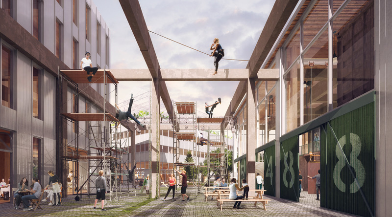Press kit | 1303-15 - Press release | Les Ateliers Cabot, winner of C40 Reinventing Montreal 2021 - Sid Lee Architecture - Competition -  Restored structure of building #2, where an interior courtyard is nestled: a place for meeting, creating, performing, and festivities. In the background, the new industrial building (building A).<span></span><br style="">  - Photo credit:  Sid Lee Architecture 
