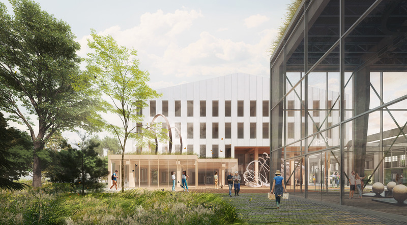 Press kit | 1303-15 - Press release | Les Ateliers Cabot, winner of C40 Reinventing Montreal 2021 - Sid Lee Architecture - Competition - <p class="">Pedestrian entrance on Boulevard de la Vérendrye. Glimpses of the solid wood structure of building #B (office space), and of the ground floor frontage, which follows the perimeter of the remains of the old southern sawmill - creating an exterior public square adorned with a commemorative work of art.</p> - Photo credit: Sid Lee Architecture