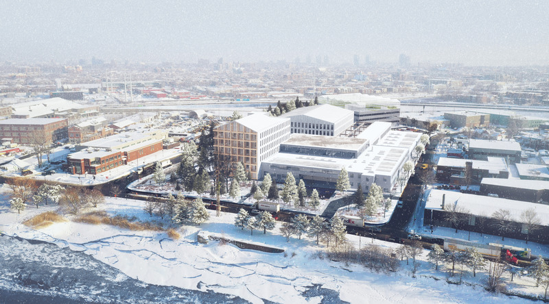 Press kit | 1303-15 - Press release | Les Ateliers Cabot, winner of C40 Reinventing Montreal 2021 - Sid Lee Architecture - Competition - Bird's eye view of the site, revealing its ideal location at the junction of the two large canals. The site serves as a link between outlying districts.<span></span> - Photo credit: Sid Lee Architecture