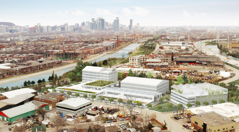 Press kit | 1303-15 - Press release | Les Ateliers Cabot, winner of C40 Reinventing Montreal 2021 - Sid Lee Architecture - Competition - Axonometry illustrating the reuse of existing industrial buildings and the construction of three new buildings with simple architecture. Illustration of the large green zone and agricultural activities expected on some roofs. The other sloping roofs contribute to rainwater collection systems, and are dedicated to recycling and redistribution.<span></span> - Photo credit: Sid Lee Architecture