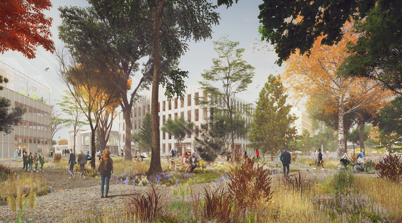 Press kit | 1303-15 - Press release | Les Ateliers Cabot, winner of C40 Reinventing Montreal 2021 - Sid Lee Architecture - Competition - View of the southwest entrance to the urban forest, at the corner of Angers St. and Dunn Avenue.<span></span> - Photo credit: Sid Lee Architecture