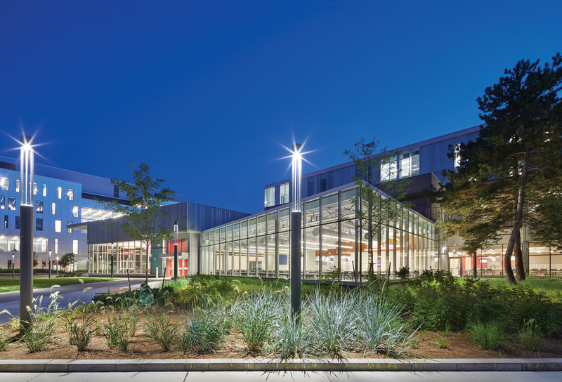 Press kit | 2941-04 - Press release | Newnham Campus Food Hall, Seneca College - Taylor Smyth Architects - Institutional Architecture -  Newnham Campus Food Hall new addition, south east view from Quad exterior at dusk.  - Photo credit: Tom Arban Photography Inc.