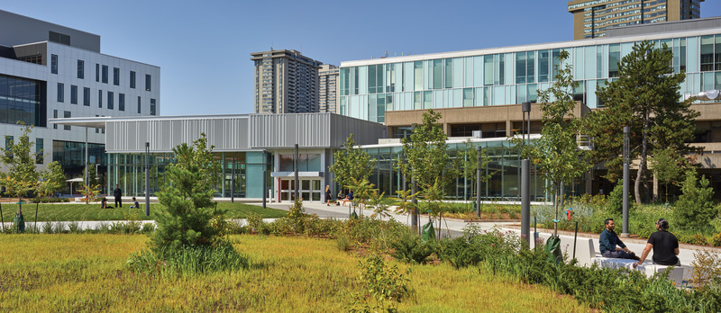 Press kit | 2941-04 - Press release | Newnham Campus Food Hall, Seneca College - Taylor Smyth Architects - Institutional Architecture -  The landscaped Quad features a vast outdoor terrace and connects students to various campus buildings.  - Photo credit: Tom Arban Photography Inc.
