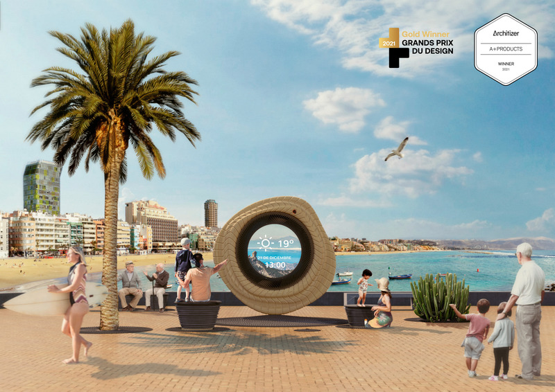 Press kit | 5264-01 - Press release | A Digital Totem for the Beaches of the Canary Islands Recognized with Prestigious Prizes - LPA Studio - Landscape Architecture - Daylight render - Full image - Badges - Photo credit: LPA Studio
