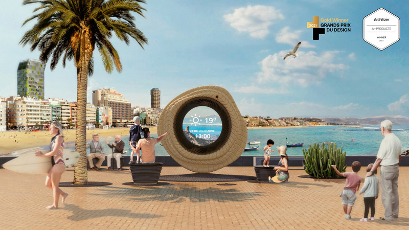 Press kit | 5264-01 - Press release | A Digital Totem for the Beaches of the Canary Islands Recognized with Prestigious Prizes - LPA Studio - Landscape Architecture - Daylight render - Panoramic - Badges - Photo credit: LPA Studio
