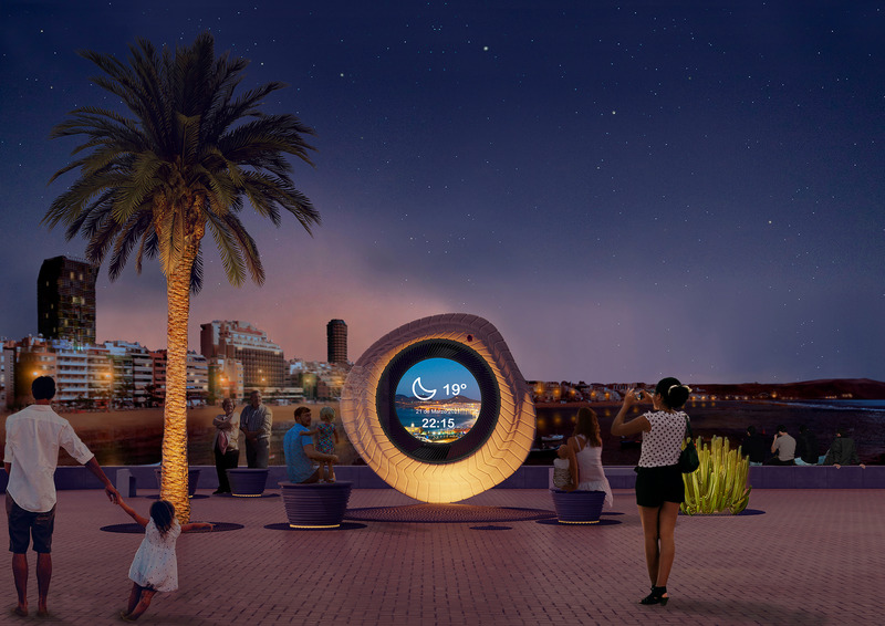 Press kit | 5264-01 - Press release | A Digital Totem for the Beaches of the Canary Islands Recognized with Prestigious Prizes - LPA Studio - Landscape Architecture - Night render - Full image - Photo credit: LPA Studio