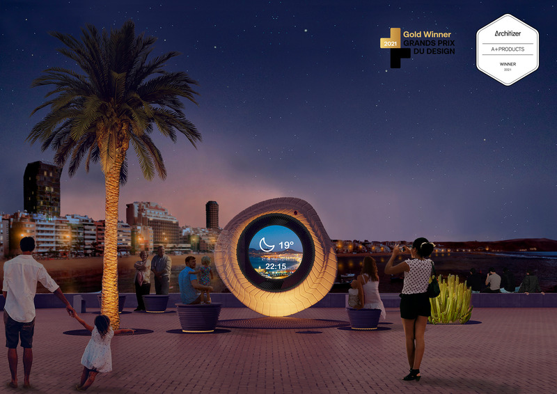 Press kit | 5264-01 - Press release | A Digital Totem for the Beaches of the Canary Islands Recognized with Prestigious Prizes - LPA Studio - Landscape Architecture - Night render - Full image - Badges - Photo credit: LPA Studio