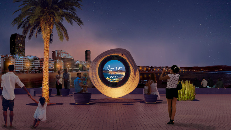 Press kit | 5264-01 - Press release | A Digital Totem for the Beaches of the Canary Islands Recognized with Prestigious Prizes - LPA Studio - Landscape Architecture - Night render - Panoramic - Photo credit: LPA Studio