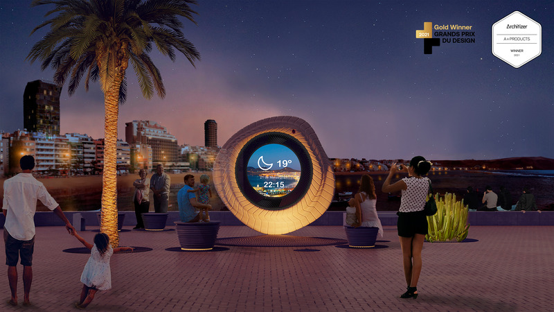 Press kit | 5264-01 - Press release | A Digital Totem for the Beaches of the Canary Islands Recognized with Prestigious Prizes - LPA Studio - Landscape Architecture - Night render - Panoramic - Badges - Photo credit: LPA Studio