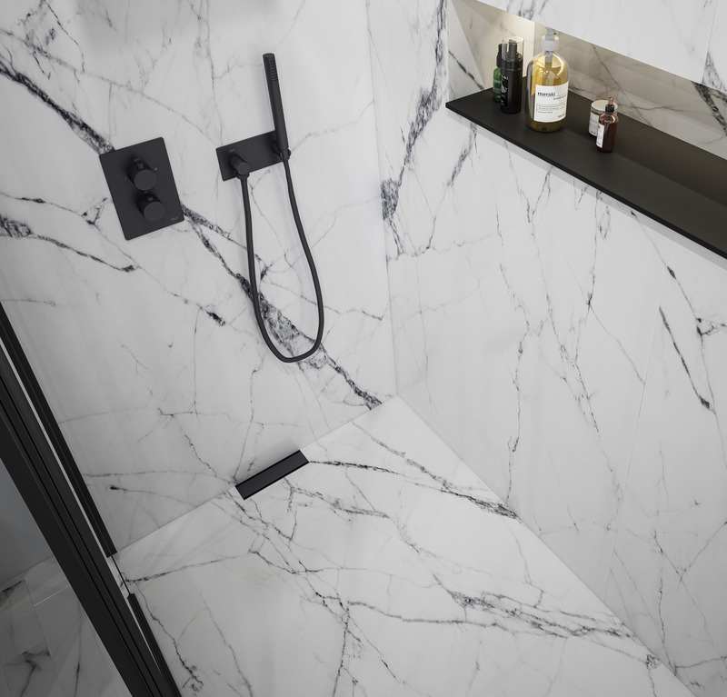 Dossier de presse | 5809-01 - Communiqué de presse | QM Drain Supreme Tile-in+ remporte le prix Architizer A+Product Awards 2021 dans la catégorie équipement de salle de bain - QM Drain - Concours -   Supreme Tile-In+ en noir<pre><br></pre>  - Crédit photo : Roberto Palma
