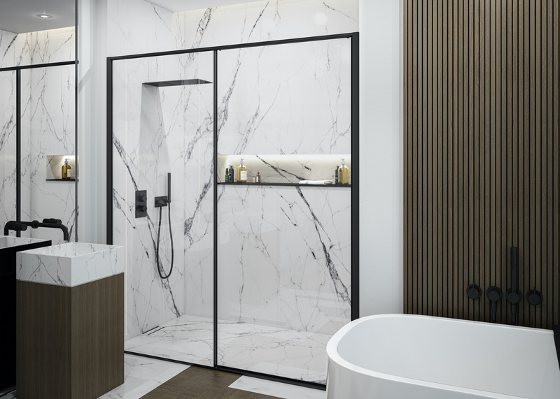 Dossier de presse | 5809-01 - Communiqué de presse | QM Drain Supreme Tile-in+ remporte le prix Architizer A+Product Awards 2021 dans la catégorie équipement de salle de bain - QM Drain - Concours -    <pre style="">Supreme Tile-In+ en noir <br style=""></pre>    - Crédit photo : Roberto Palma