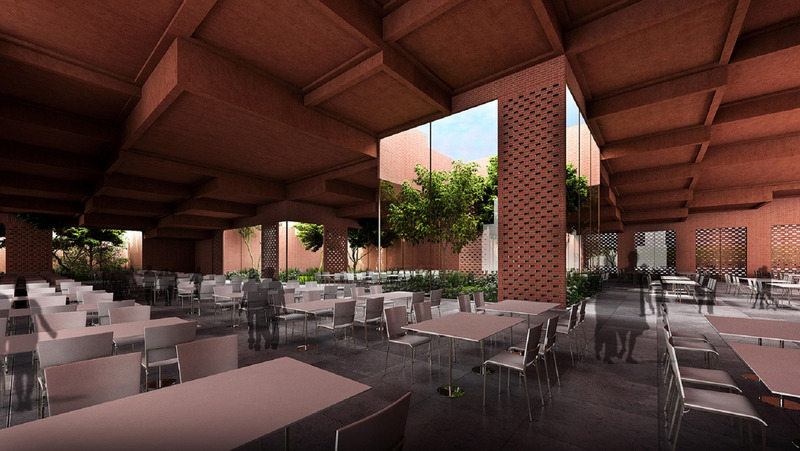 Dossier de presse | 1432-11 - Communiqué de presse | Prestige University - Sanjay Puri Architects - Architecture institutionnelle - VIEW FROM WITHIN THE FOOD COURT - Crédit photo : SANJAY PURI ARCHITECTS
