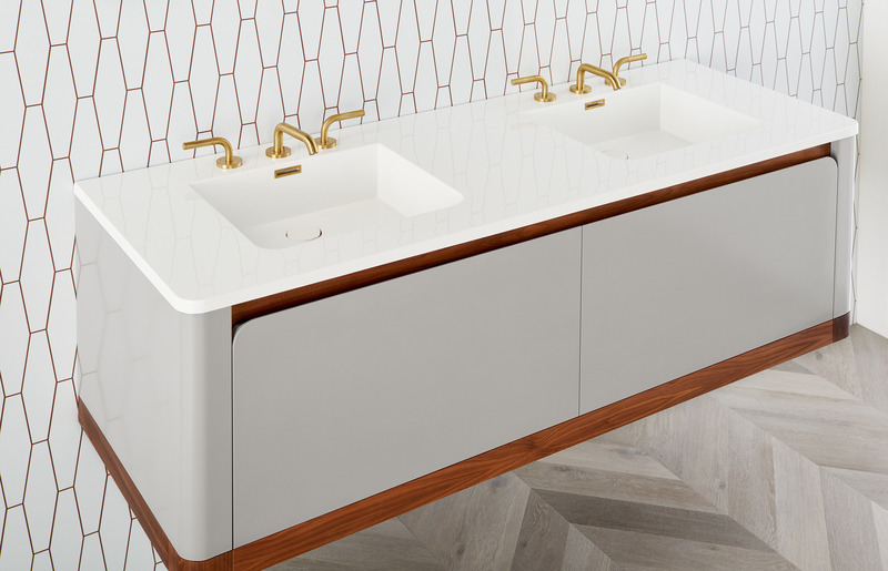 Dossier de presse | 2342-09 - Communiqué de presse | Lancement de la collection Bauhaus de WETSTYLE : un monde infini de possibilités - WETSTYLE - Produit -  Vanité Bauhaus de 60 po - Comptoir et évier, fini très lustré avec trop-plein en laiton satiné (trous pour robinetterie optionels) - Crédit photo : Pierre-Luc Dufour