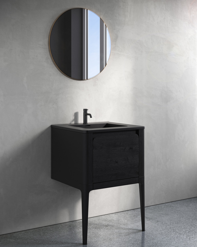 Dossier de presse | 2342-09 - Communiqué de presse | Lancement de la collection Bauhaus de WETSTYLE : un monde infini de possibilités - WETSTYLE - Produit -  Vanité Bauhaus de 24 po sur pattes - Chêne noir, avec comptoir et évier noir mat - Crédit photo :  WETSTYLE 