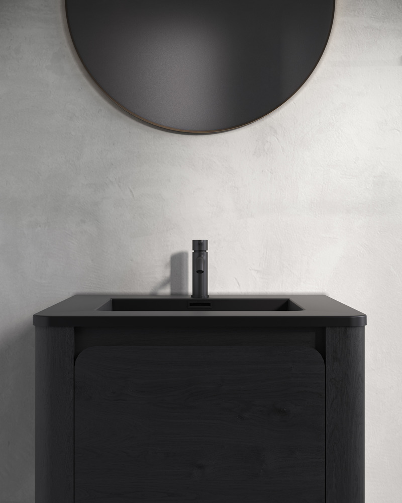 Dossier de presse | 2342-09 - Communiqué de presse | Lancement de la collection Bauhaus de WETSTYLE : un monde infini de possibilités - WETSTYLE - Produit -  Vanité Bauhaus de 24 po sur pattes - Chêne noir, avec comptoir et évier noir mat  - Crédit photo : Pierre-Luc Dufour