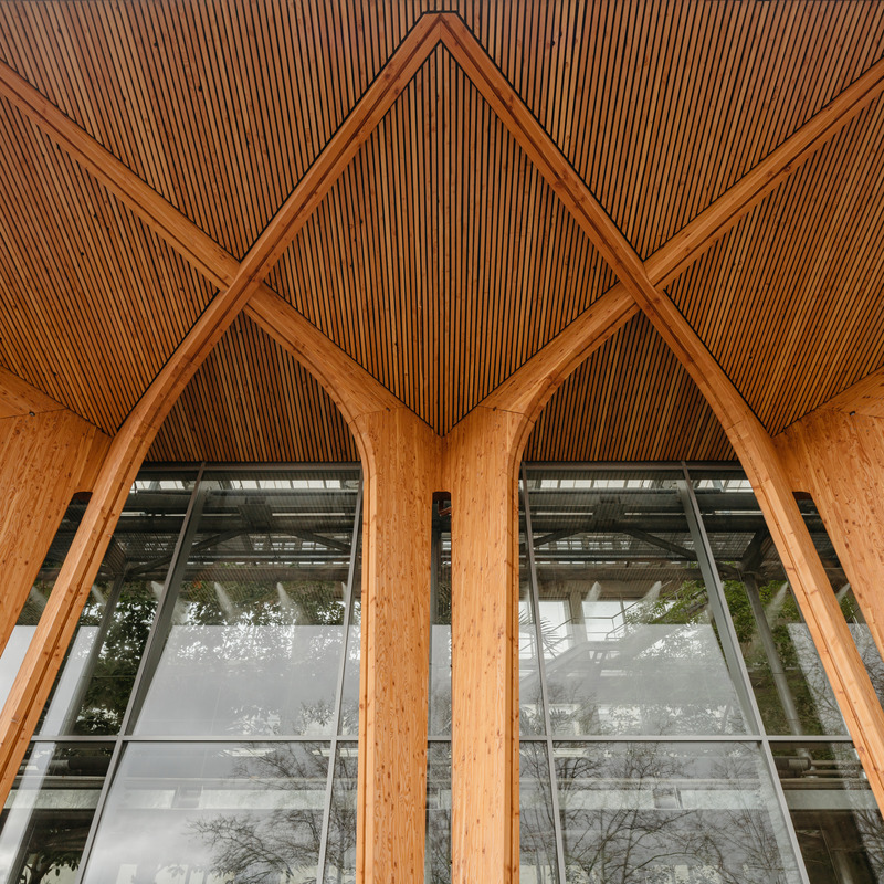 Dossier de presse | 899-02 - Communiqué de presse | La Canopée : Nouvel accueil du siège social Michelin - Encore Heureux Architectes,  Construire et Base - Architecture commerciale - Douglas de Corrèze et vitrages réemployés - Crédit photo : Nicolas Trouillard