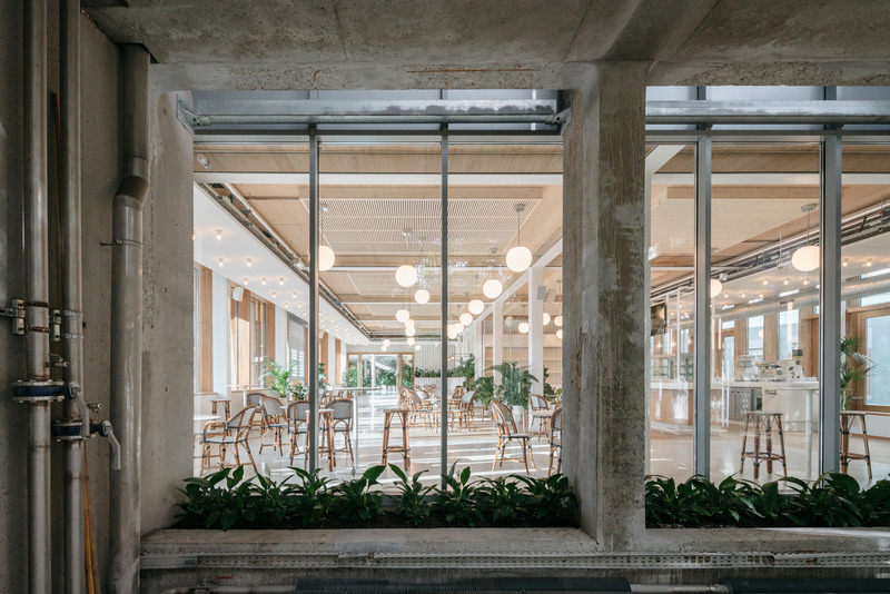 Dossier de presse | 899-02 - Communiqué de presse | La Canopée : Nouvel accueil du siège social Michelin - Encore Heureux Architectes,  Construire et Base - Architecture commerciale - Vue sur le café Equateur depuis la serre - Crédit photo : Nicolas Trouillard