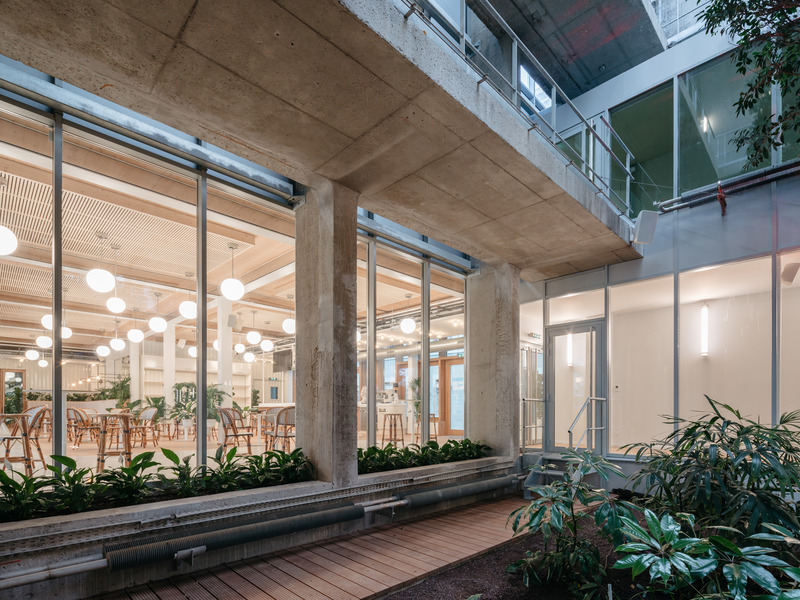 Dossier de presse | 899-02 - Communiqué de presse | La Canopée : Nouvel accueil du siège social Michelin - Encore Heureux Architectes,  Construire et Base - Architecture commerciale - Vue sur le café Equateur depuis la serre - Crédit photo : Nicolas Trouillard