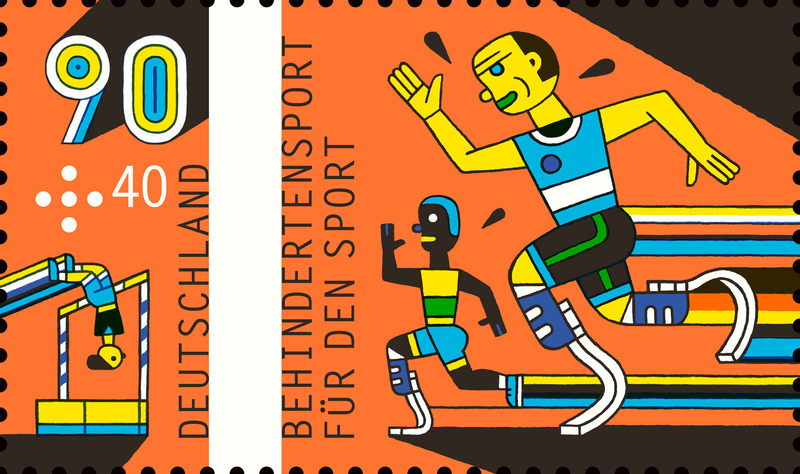 Press kit | 748-43 - Press release | The UQAM Design Centre presents the exhibition Henning Wagenbreth – Graphic Design for All Ages - UQAM Design Center - Graphic Design - <p class="">Behindertensport Für den Sport, 145, 2015</p>Stamps from the annual series on sports, created by Henning Wagenbreth - Photo credit: UQAM Design center
