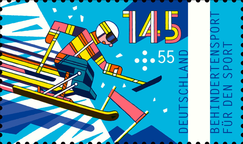 Press kit | 748-43 - Press release | The UQAM Design Centre presents the exhibition Henning Wagenbreth – Graphic Design for All Ages - UQAM Design Center - Graphic Design - <p class="">Behindertensport Für den Sport, 145, 2015</p>Stamps from the annual series on sports, created by Henning Wagenbreth  - Photo credit: UQAM design center