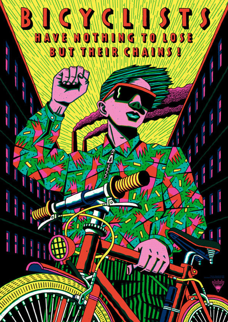 Press kit | 748-43 - Press release | The UQAM Design Centre presents the exhibition Henning Wagenbreth – Graphic Design for All Ages - UQAM Design Center - Graphic Design - <p class="">Bicyclists have nothing to lose but their chains!</p><p class="">Serigraphy poster, 4 colours, spot colour</p><p class="">Printed by Lézard Graphique, Brumath, France </p> - Photo credit: UQAM Design Center