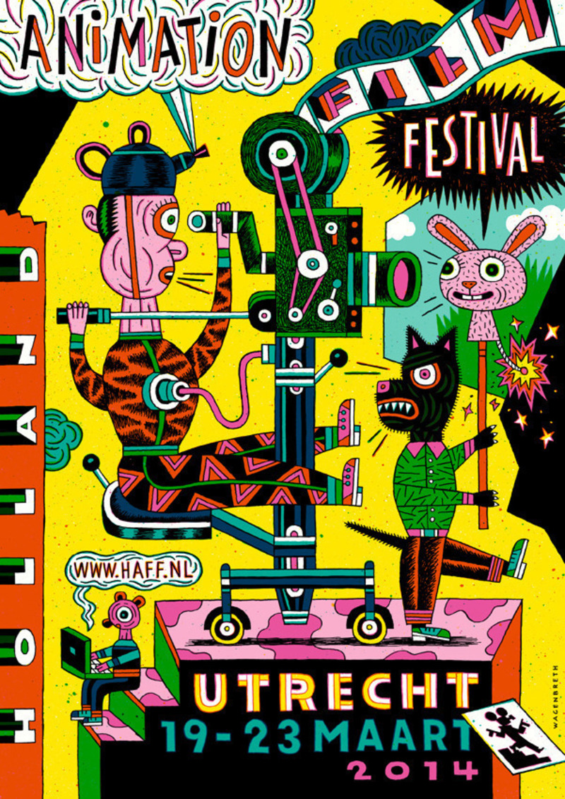 Press kit | 748-43 - Press release | The UQAM Design Centre presents the exhibition Henning Wagenbreth – Graphic Design for All Ages - UQAM Design Center - Graphic Design - <p class="">Holland Animation Film Festival, 2014</p><p class="">Serigraphy poster, 4 colours, spot colour </p><p class="">Printed by Lézard Graphique, Brumath, France</p> - Photo credit: UQAM Design Center