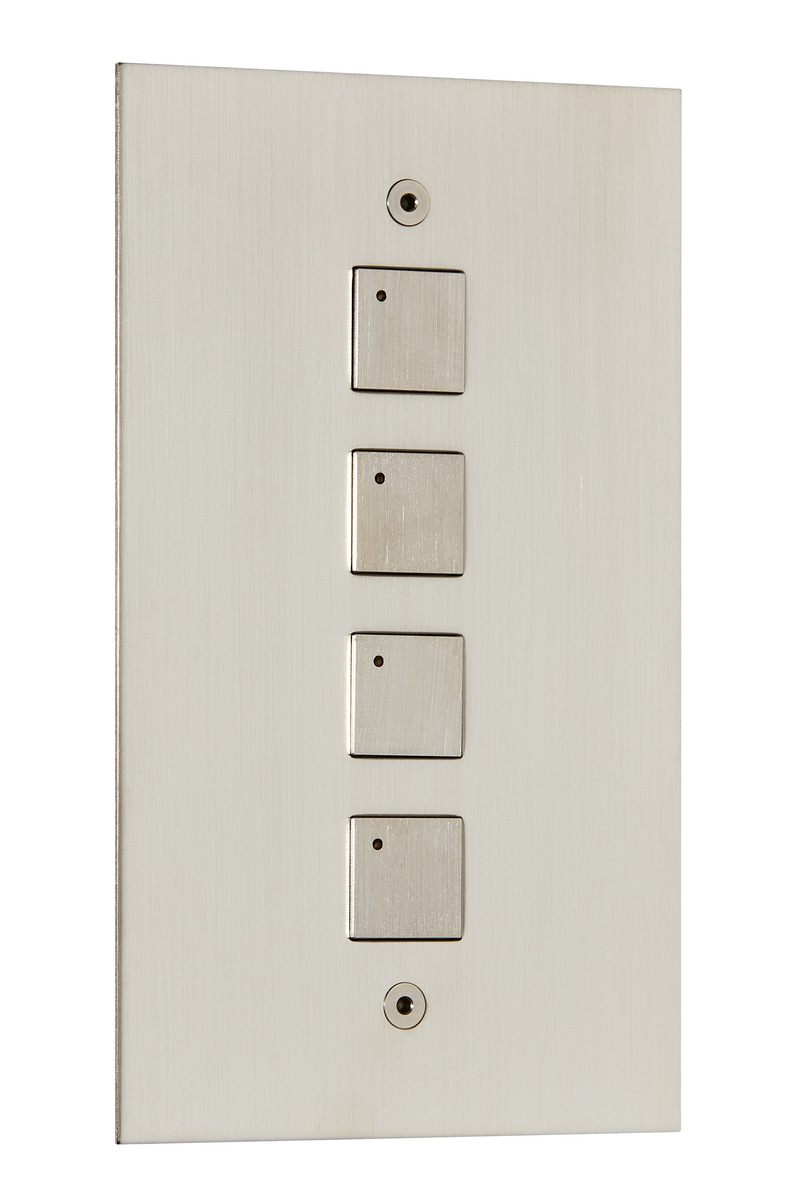 Press kit | 2651-03 - Press release | Control Switches by Focus SB: Smart Home Collection is Unveiled - Focus SB Ltd - Product - 4 gang vertical button with LED satin nickel control switches by Focus SB   - Photo credit:  <p>Focus SB Ltd / Sally Williams Photography</p> 