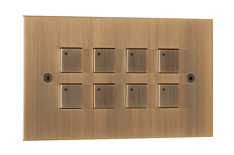 Press kit | 2651-03 - Press release | Control Switches by Focus SB: Smart Home Collection is Unveiled - Focus SB Ltd - Product -  8 gang horizontal button with LED antique brass control switches by Focus SB  - Photo credit: <p>Focus SB Ltd / Sally Williams Photography</p>