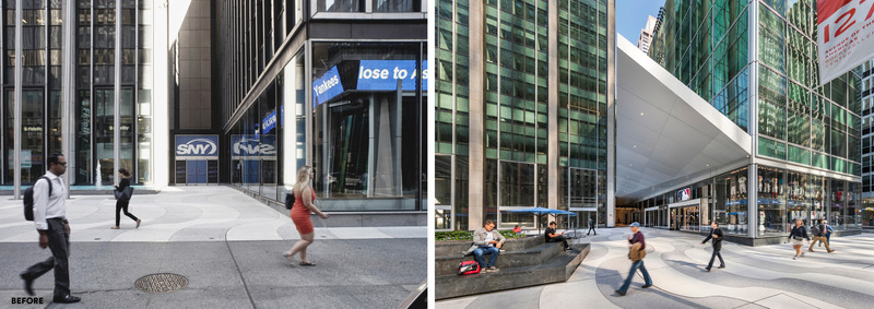 Dossier de presse | 1204-12 - Communiqué de presse | Repositioning of Former Time & Life Building Shows Sustainability is Key to Market Success - Pei Cobb Freed & Partners - Architecture commerciale -  Before and after: new canopy over reopened breezeway  - Crédit photo : Albert Vecerka/ESTO