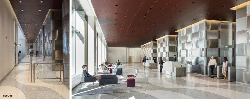 Dossier de presse | 1204-12 - Communiqué de presse | Repositioning of Former Time & Life Building Shows Sustainability is Key to Market Success - Pei Cobb Freed & Partners - Architecture commerciale -  Before and after: expanded and reconfigured south lobby  - Crédit photo : Albert Vecerka/ESTO