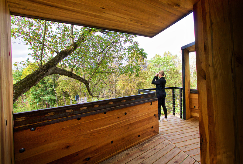 Press kit | 5299-02 - Press release | New River Train Observation Tower - Virginia Tech - Institutional Architecture - The high-strength hardwood CLT panels cantilever 12 feet with a 3" thickness to provide rain and snow cover to the viewing platform.  - Photo credit: Kay Edge and Edward Becker
