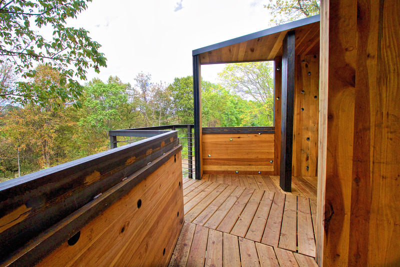 Press kit | 5299-02 - Press release | New River Train Observation Tower - Virginia Tech - Institutional Architecture - Clear-coated raw steel handrails and solid wood construction help to situate the project in Radford, a post-industrial Appalachian town.  - Photo credit: Kay Edge and Edward Becker