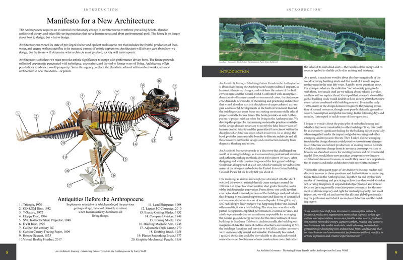 Press kit | 5896-01 - Press release | StudioWolff Unveils Design Strategies to Prosper Humankind - StudioWolff - Edition -  Manifesto for a New Architecture.  - Photo credit:   Left: Antiquities by StudioWolff. Right: Cosanti Foundation/3-D rendering by Victor Arcos.   