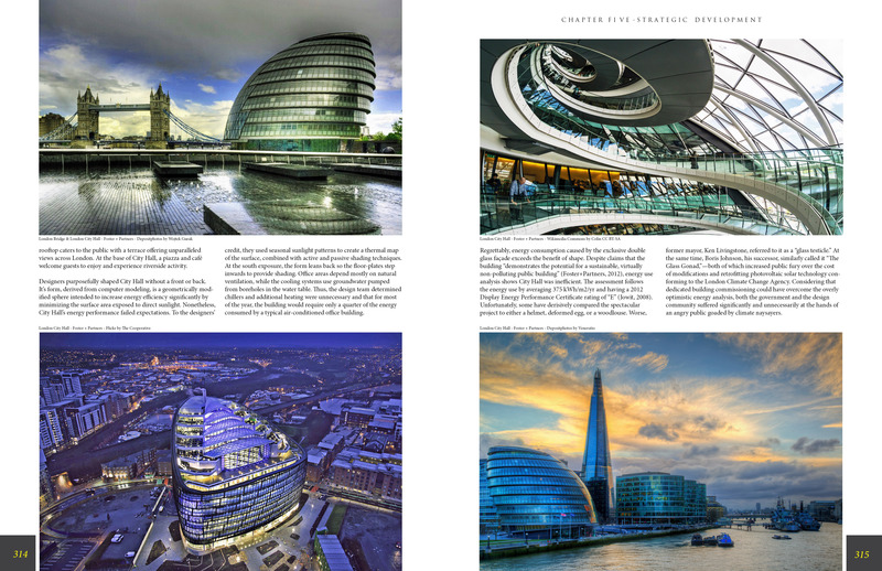 Press kit | 5896-01 - Press release | StudioWolff Unveils Design Strategies to Prosper Humankind - StudioWolff - Edition -   City Hall, Greater London Authority Headquarters by Foster + Partners - Chapter Five - pages 314-315.   - Photo credit:     Left: Depositphotos/Wojtek Gurak (top), Flickr by The Cooperative (bottom), Right: WikiCC/Colin CC BY-SA (top), Depositphotos/ Veneratio (bottom).  
