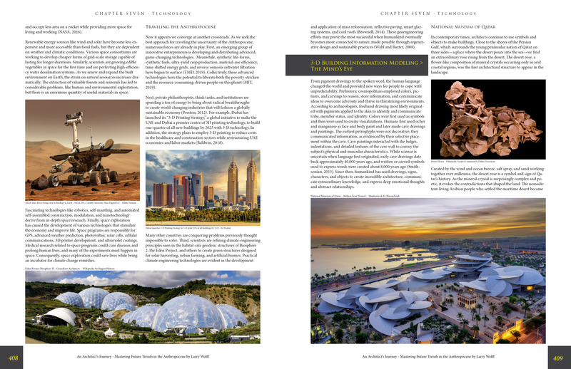 Press kit | 5896-01 - Press release | StudioWolff Unveils Design Strategies to Prosper Humankind - StudioWolff - Edition - Left: Mars Rover by NASA, Dubai 3-D Printing Strategy, Eden Project by Grimshaw Architects and National Museum of Qatar by Ateliers Jean Nouvel - Chapter Seven - pages 408-409.     - Photo credit:   Left: NASA (top), Pixabay (center), Wikipedia/Jürgen Matern (bottom). Right: WikiCC/Didier Descouens (top), Shutterstock/HasanZaidi (bottom).