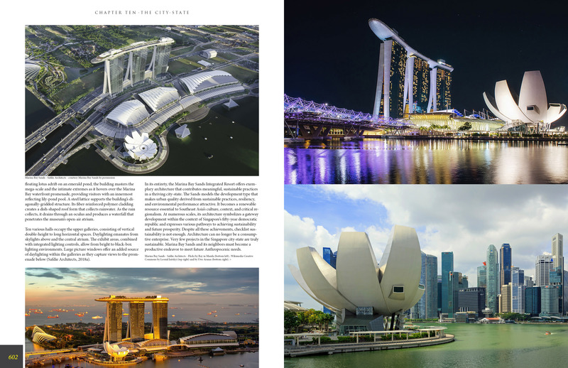 Press kit | 5896-01 - Press release | StudioWolff Unveils Design Strategies to Prosper Humankind - StudioWolff - Edition -   Marina Bay Sands, Singapore by Safdie Architects - Chapter Ten - The City State - pages 602-603.   - Photo credit: <p>    Left: Aerial/Marina Bay Sands by permission (top), Flickr/Ray in Manila (bottom). Right: WikiCC/Leonid Iaitskyi (top), Uwe Aranas (bottom).   </p>