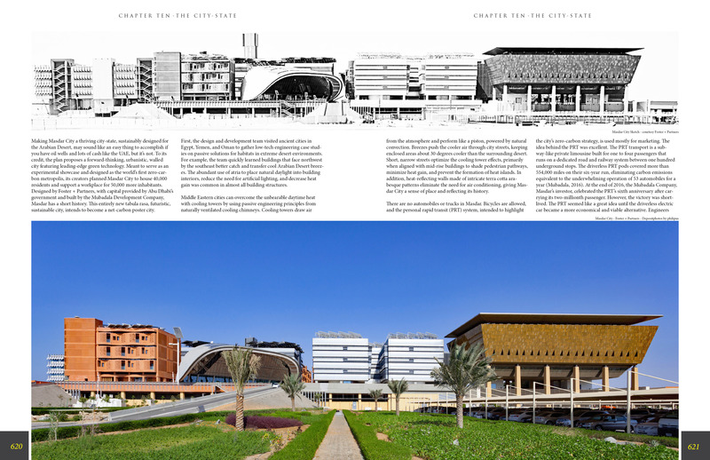 Press kit | 5896-01 - Press release | StudioWolff Unveils Design Strategies to Prosper Humankind - StudioWolff - Edition - Masdar City by Foster + Partners - Chapter Ten - The City State - pages 620-621. - Photo credit:   Drawing courtesy of Foster + Partners (top); image courtesy of Depositphotos by philipus (bottom).  