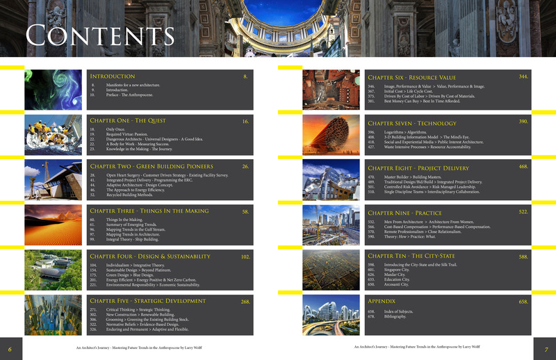 Press kit | 5896-01 - Press release | StudioWolff Unveils Design Strategies to Prosper Humankind - StudioWolff - Edition -     Table of Contents.     - Photo credit: Left: NASA, Willow Creek Church, SoCalGas Co., clipArt2, Crystal Bridges Museum, BertosRAH 3D Artist. Right: Pixabay, Es Devlin, WikiCC-OPalsson, Max Pexel, Flickr-Forgemind Archimedia, MAD. 