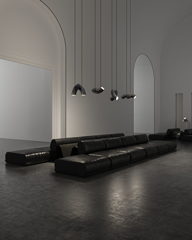 Press kit | 2375-07 - Press release | Hyphen, the New Collection From d'Armes - d'Armes - Lighting Design - Configurations of Hyphen Pendant in Chromatic Black - Photo credit: 3DD Factory