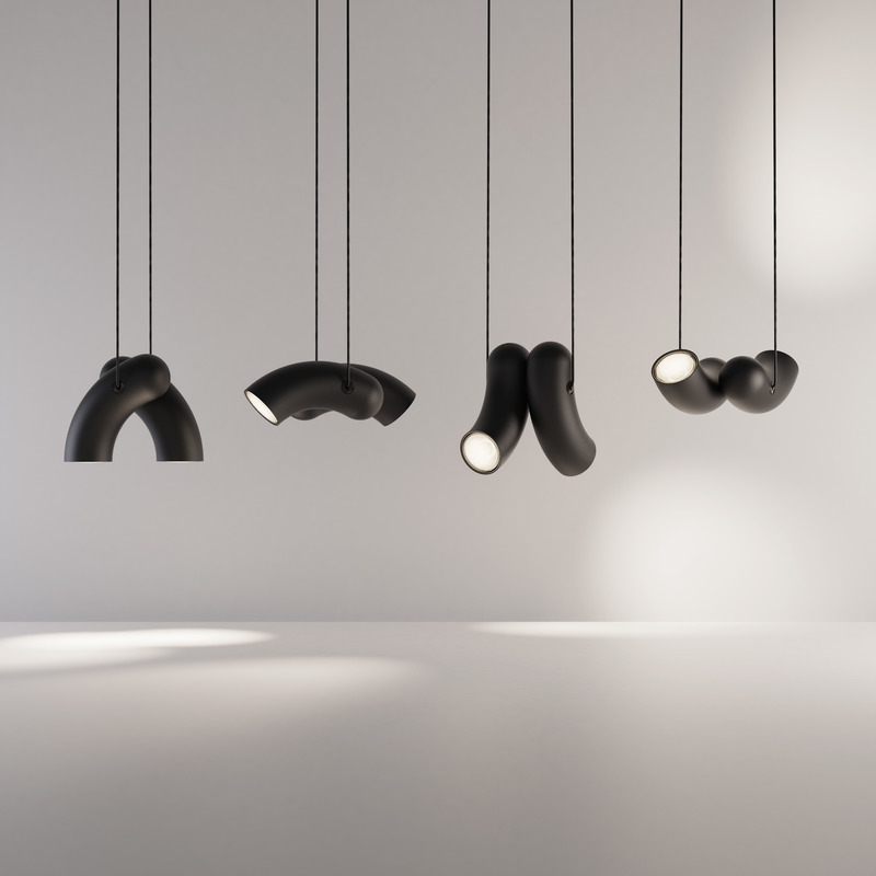 Press kit | 2375-07 - Press release | Hyphen, the New Collection From d'Armes - d'Armes - Lighting Design - Configurations of Hyphen Pendant in Sandy Black - Photo credit: d'Armes